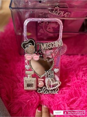 Moschino Pink Rhinestone Heart Mirror Phone Case